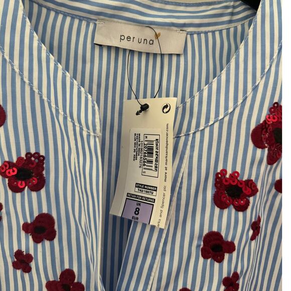 NWT Per Una 3/4 Sleeve Blue And White Striped With Rede Sequin Top UK 8 US 10 - Picture 9 of 9